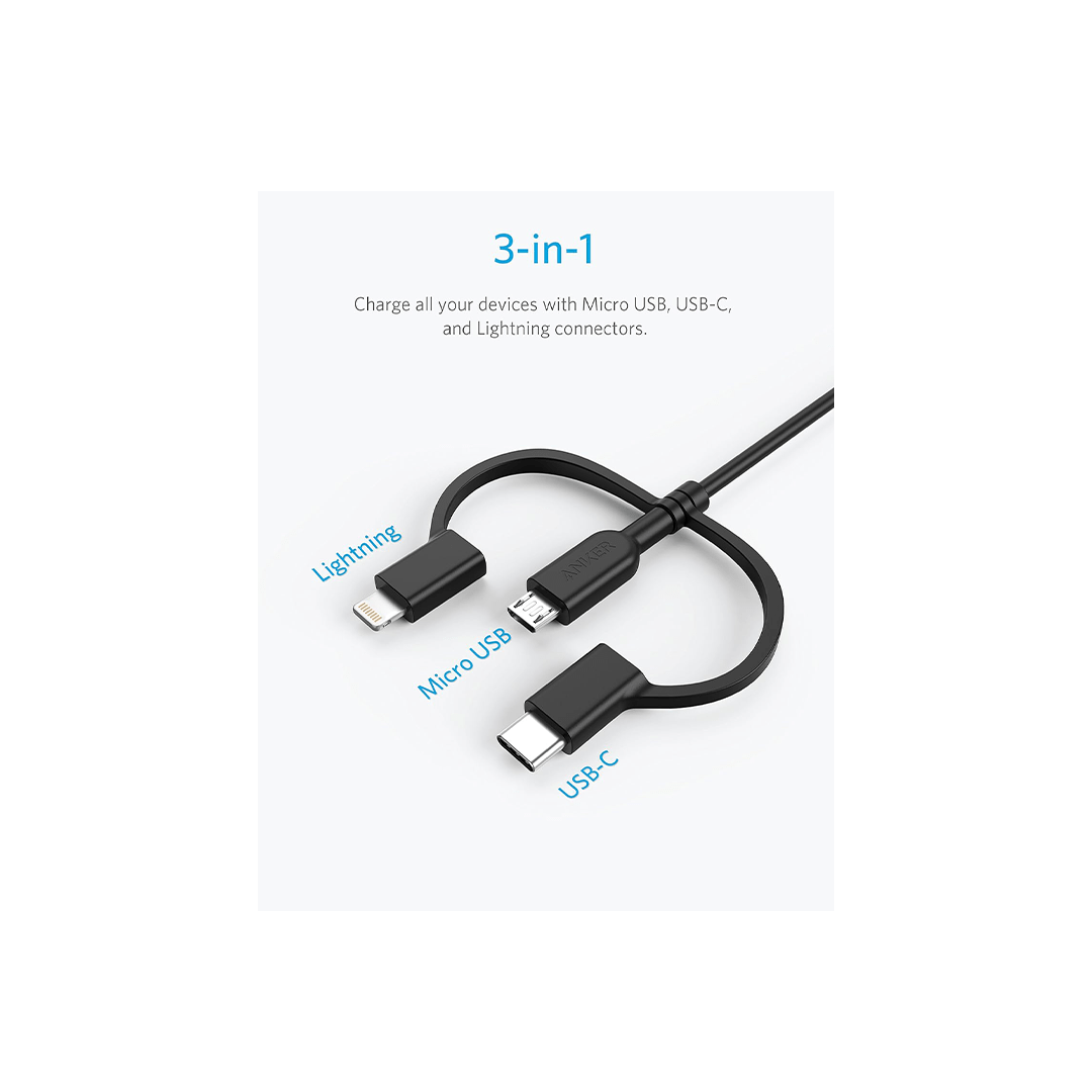 Anker 3-in-1 USB-A to Micro-USB, USB-C, Lightning MFI Certified Fast Charging Cable 3ft - Black in Qatar Anker 3-in-1 USB-A to Micro-USB, USB-C, Lightning MFI Certified Fast Charging Cable 3ft - Black in Qatar